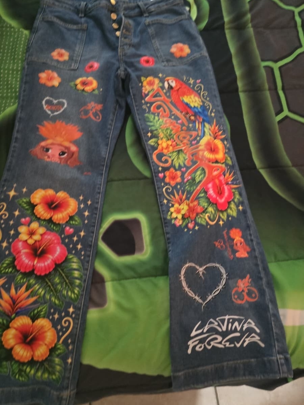 Calvin Klein Blue Denim Jeans with Tropical Multicolor Embroidery